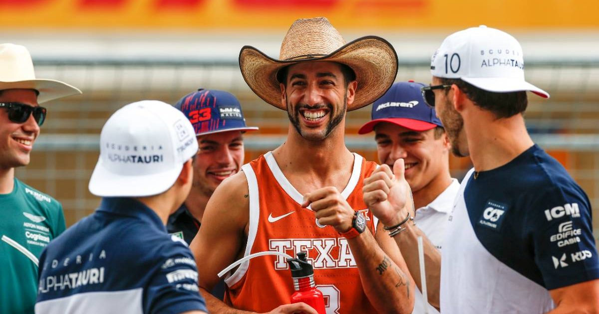 Daniel Ricciardo wearing Texas Longhorns vest and cowboy hat. Austin October 2021.