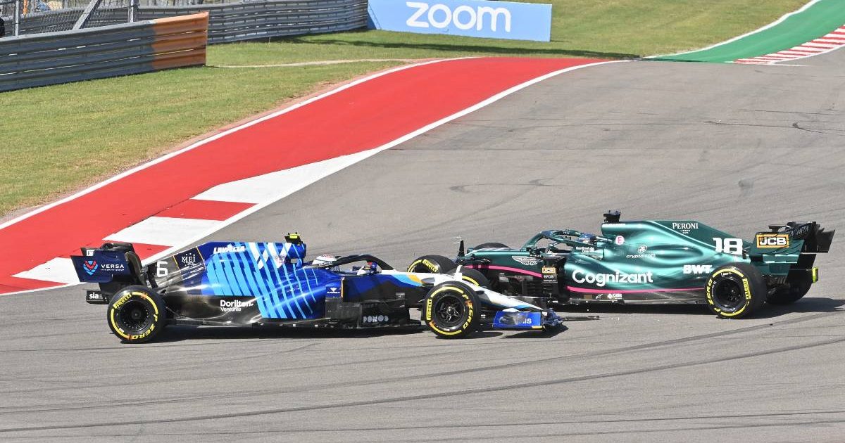 Nicholas Latifi and Lance Stroll collide at the United States GP. Austin October 2021.