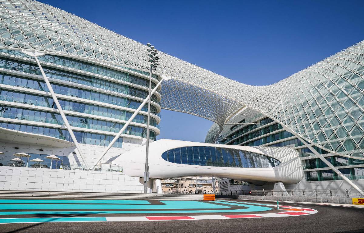 View of the hotel over the track at Yas Marina. Abu Dhabi December 2020.