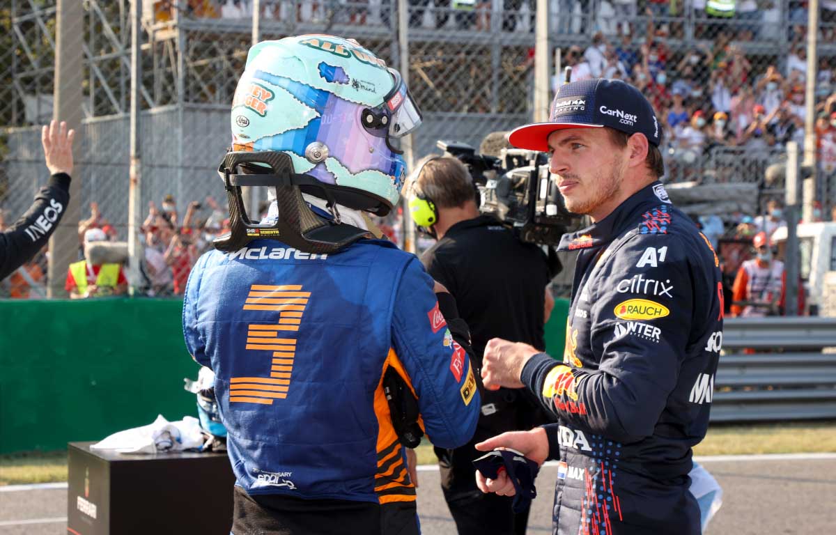 Daniel Ricciardo and Max Verstappen chat at Monza. September 2021.