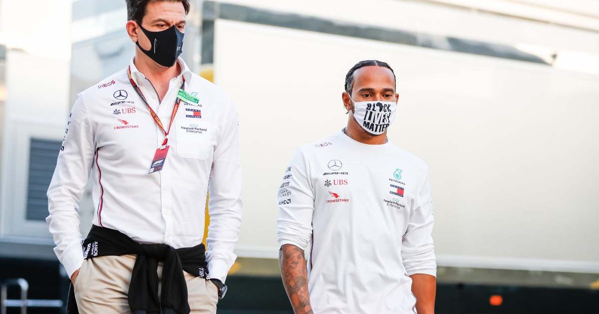 Toto Wolff and Lewis Hamilton walk together. Imola October 2020.