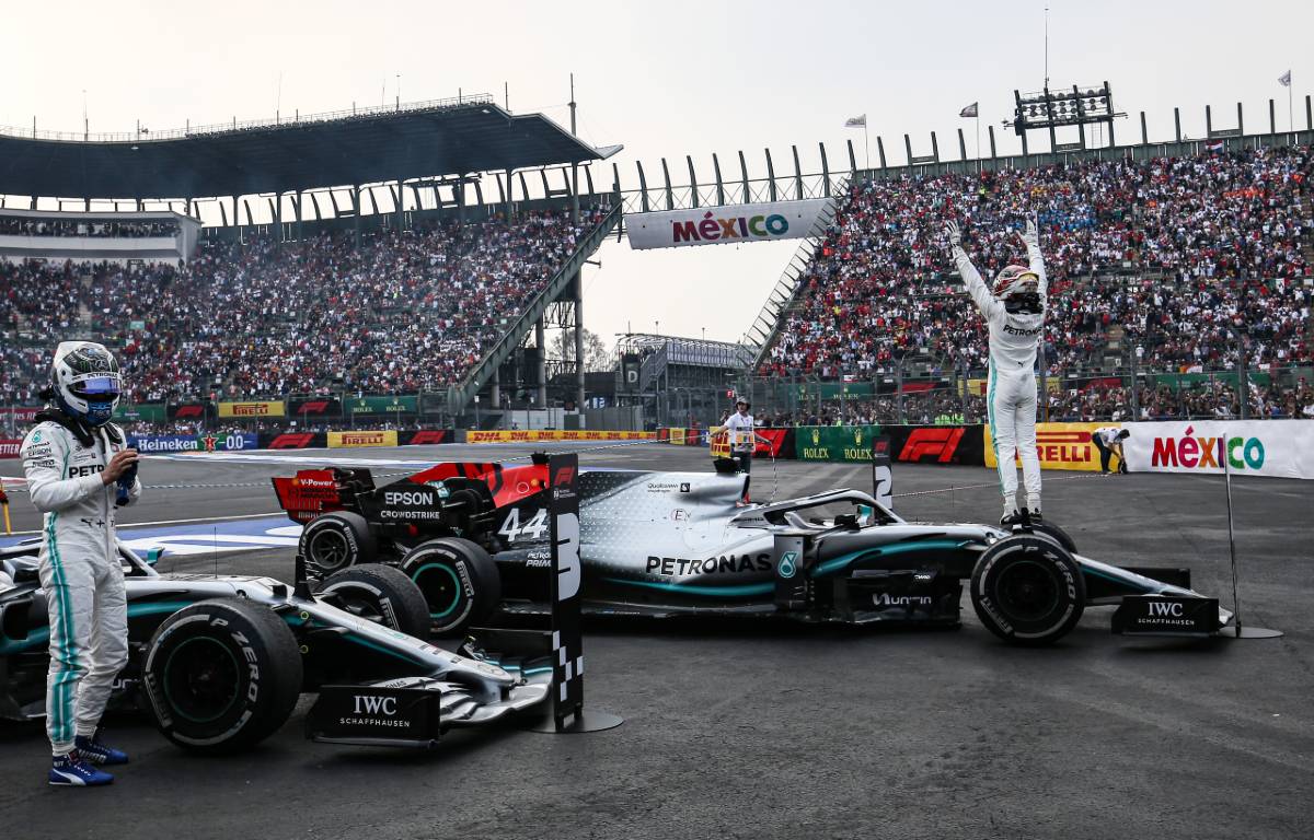 Mercedes drivers Lewis Hamilton (right) and Valtteri Bottas at the end of the Mexican GP. Mexico City October 2019.