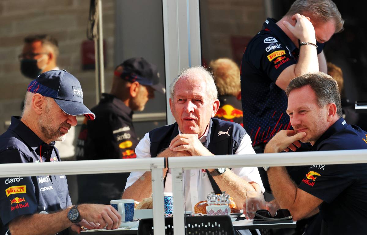 Red Bull's Helmut Marko, Christian Horner and Adrian Newey around a table at COTA. Austin October 2021.