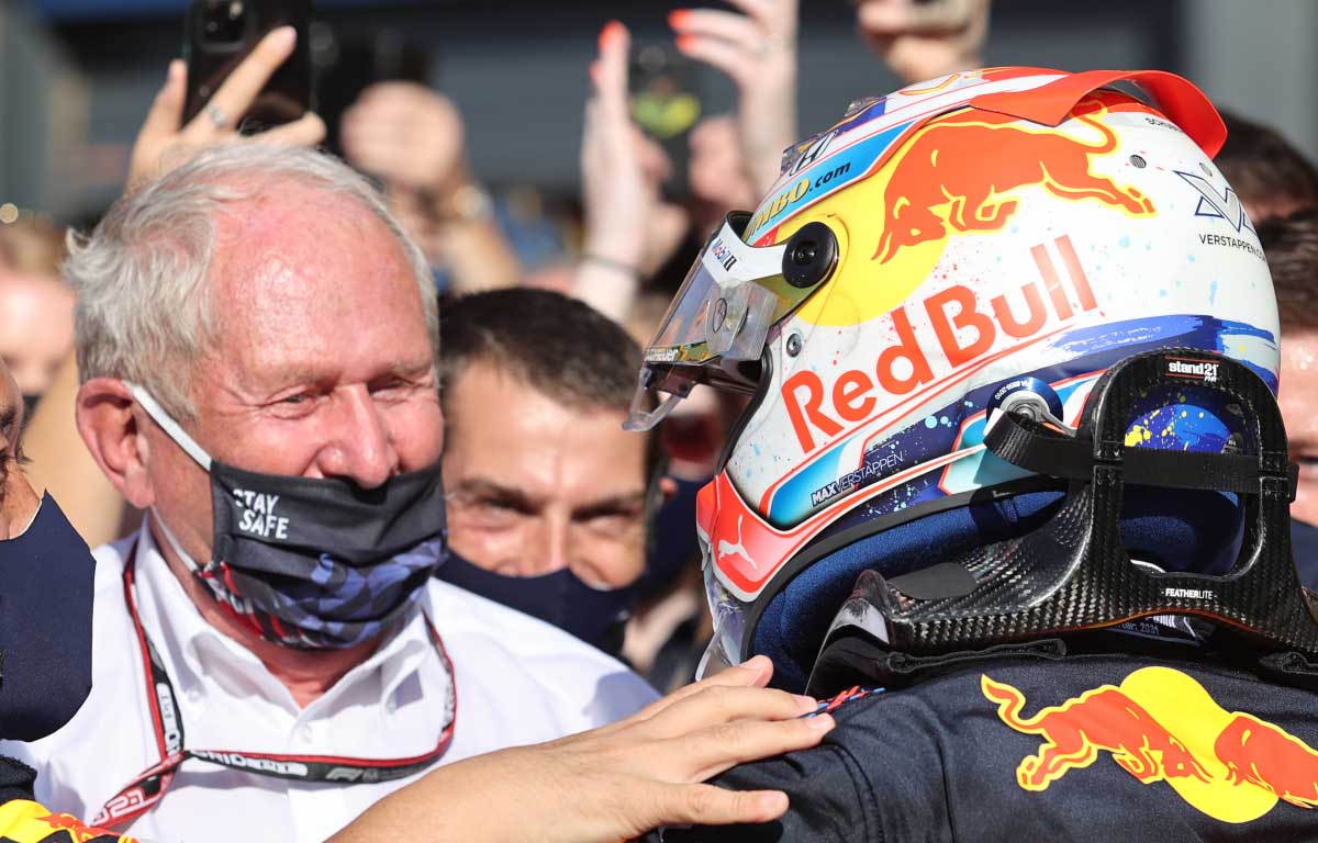 Helmut Marko celebrates victory with Max Verstappen. Netherlands September 2021.