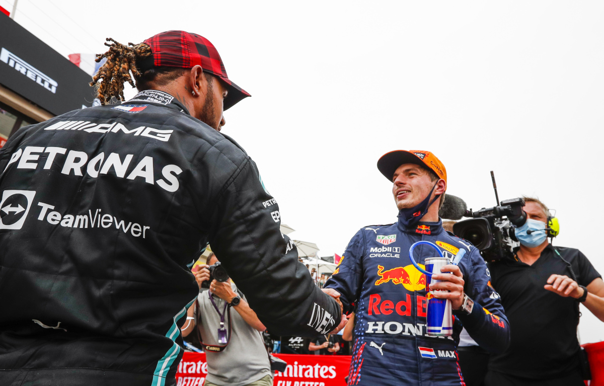 Lewis Hamilton shakes hands with Max Verstappen. France June 2021