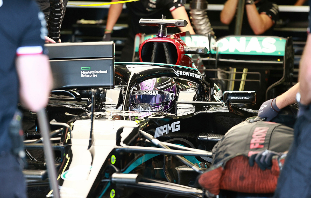Lewis Hamilton in his W12 in the Mercedes garage. Mexico November 2021