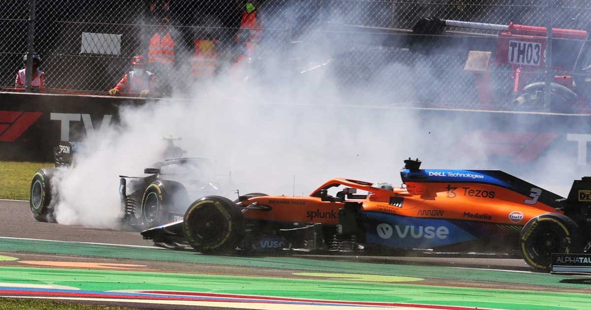 Daniel Ricciardo sends Valtteri Bottas spinning. Mexican Grand Prix November 2021.