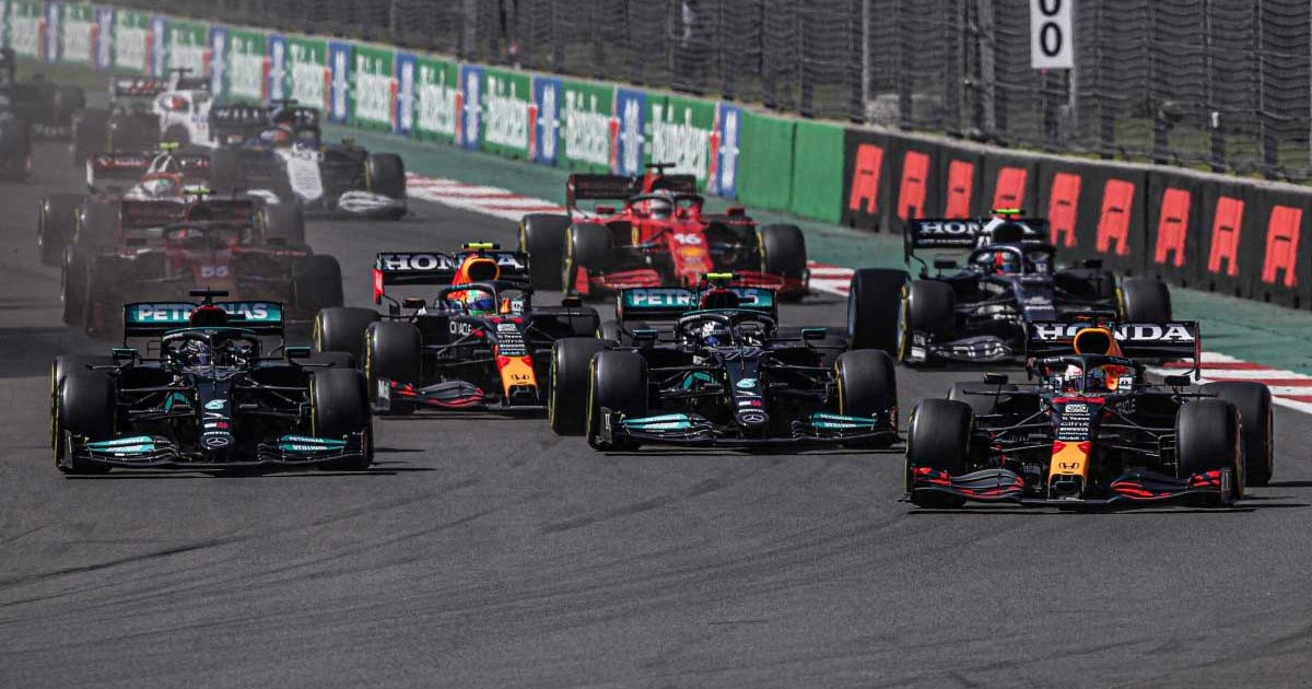 Max Verstappen takes the lead at Turn 1. Mexican Grand Prix November 2021.