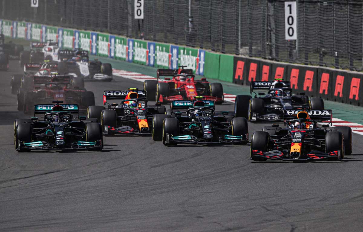Max Verstappen takes the lead at Turn 1. Mexican Grand Prix November 2021.