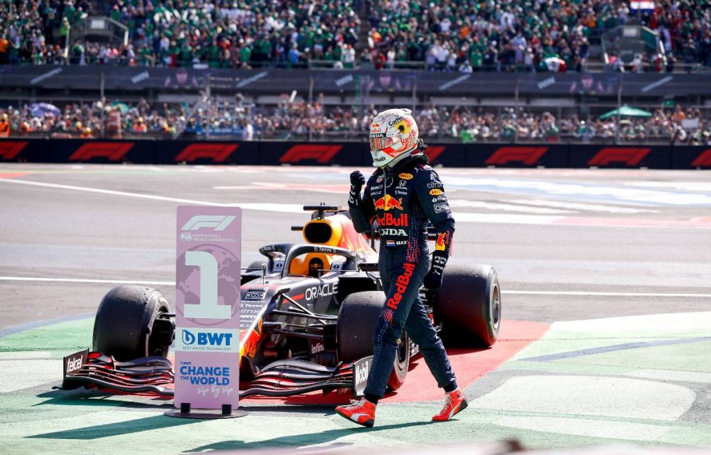 Max Verstappen, Red Bull, celebrates victory in Mexico. November 2021.