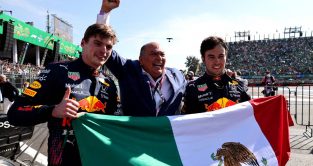 Max Verstappen, Sergio Perez and his father, Antonio, celebrate. Mexico City November 2021.