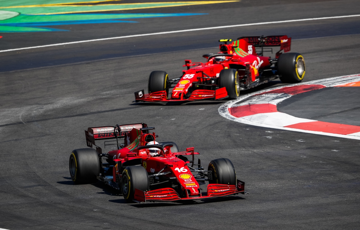 Carlos Sainz following Ferrari team-mate Charles Leclerc. Mexico November 2021