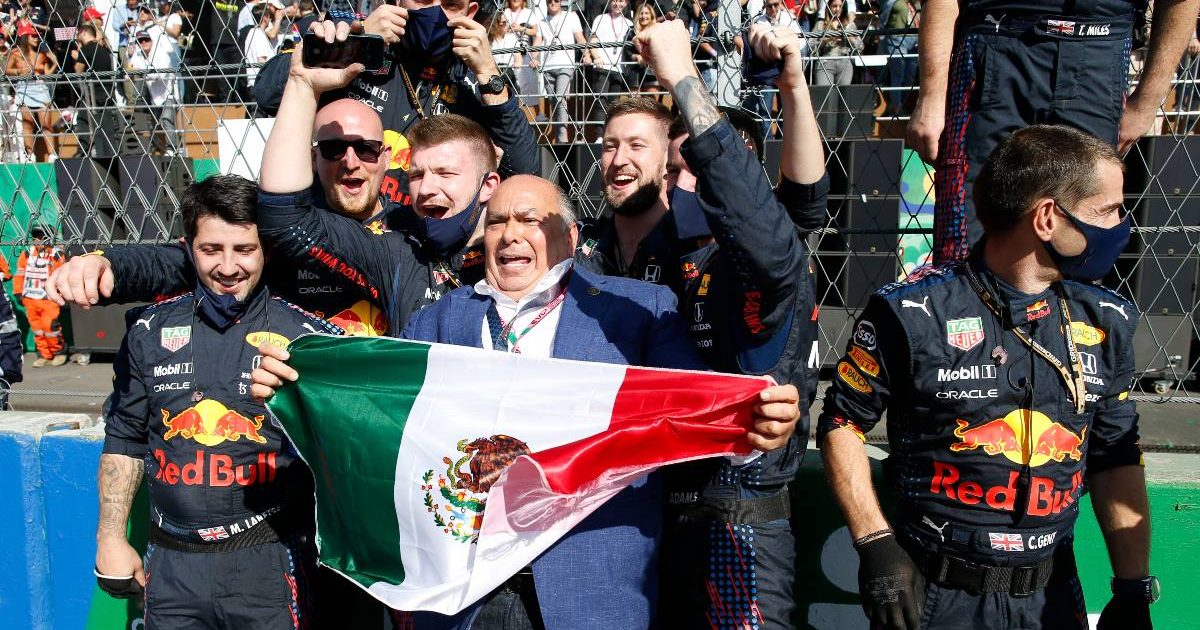 Sergio Perez's father leads the Red Bull celebrations after the Mexican GP. Mexico City November 2021.