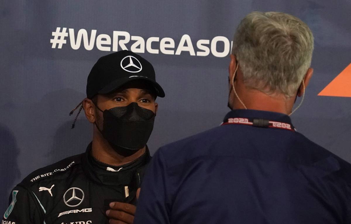 Lewis Hamilton is interviewed by David Coulthard. Bahrain March 2021.