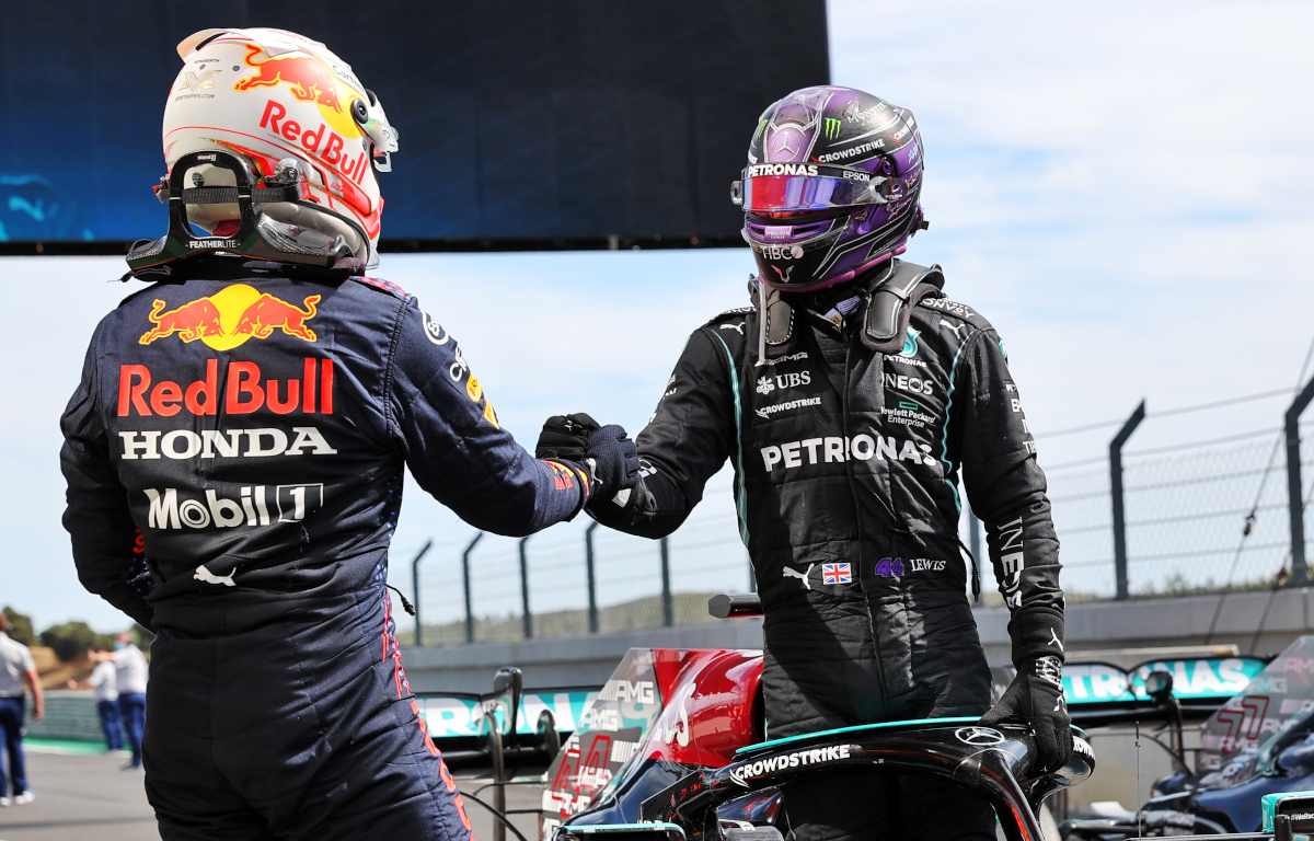 Max Verstappen and Lewis Hamilton shake hands. Portugal May 2021