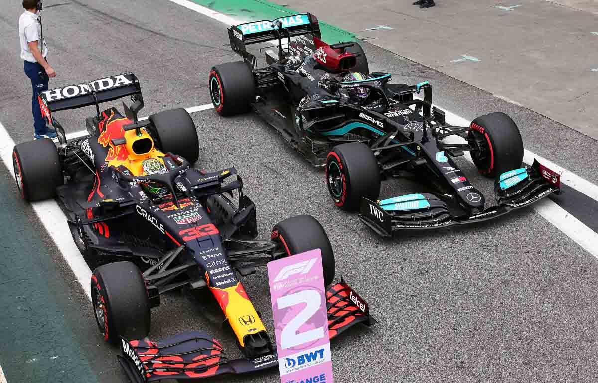 Max Verstappen parked alongside Lewis Hamilton. Brazil November 2021.