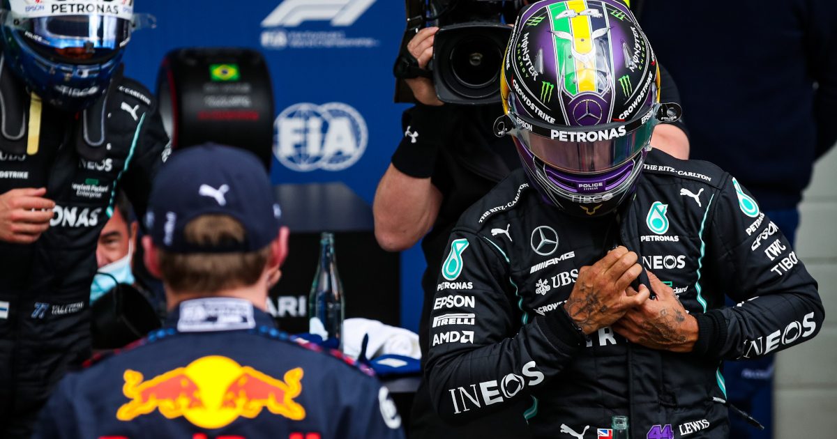 Lewis Hamilton walks towards Max Verstappen. Brazil November 2021
