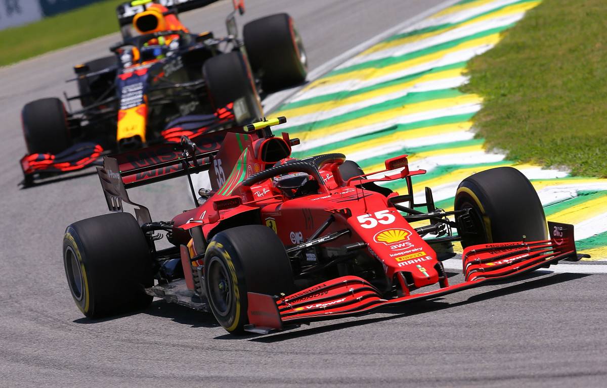 Carlos Sainz ahead of Sergio Perez in sprint qualifying for the Sao Paulo GP. Interlagos November 2021.