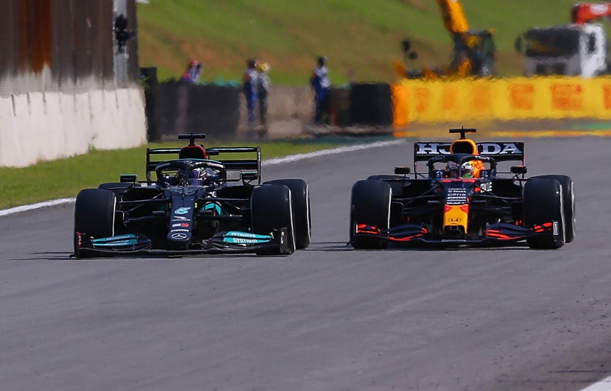 Mercedes and Red Bull drivers Lewis Hamilton and Max Verstappen side by side. Sao Paulo November 2021.