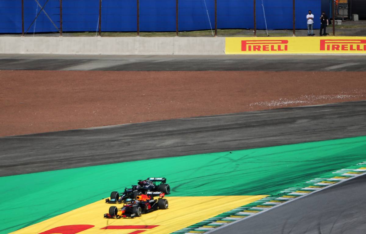 Lewis Hamilton and Max Verstappen run off track during the Sao Paulo GP. Interlagos November 2021.