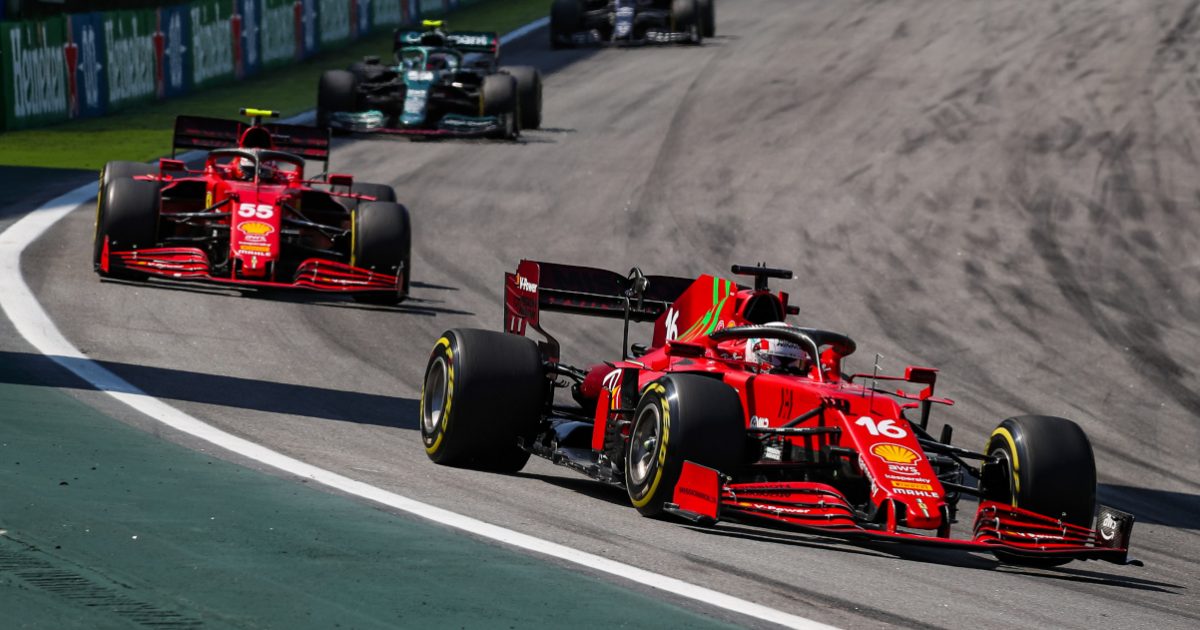 Charles Leclerc leads Carlos Sainz on the opening lap. Brazil November 2021