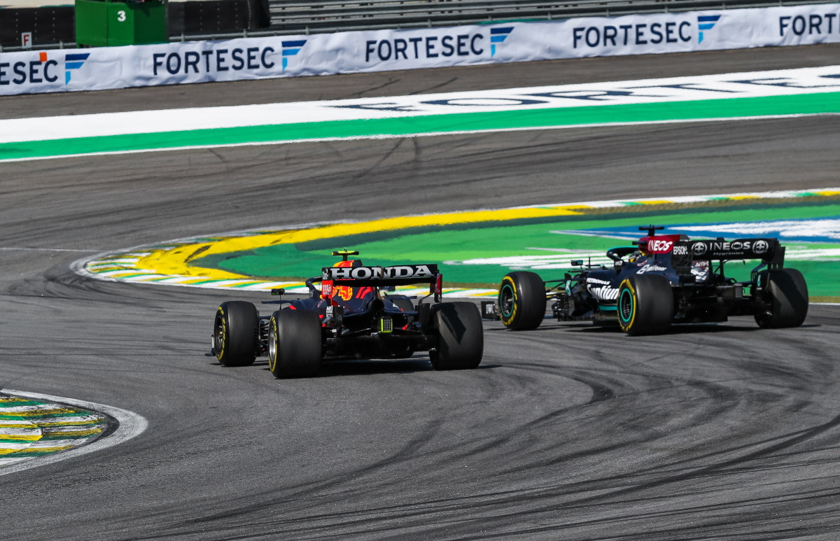 Lewis Hamilton racing against Sergio Perez. Brazil November 2021
