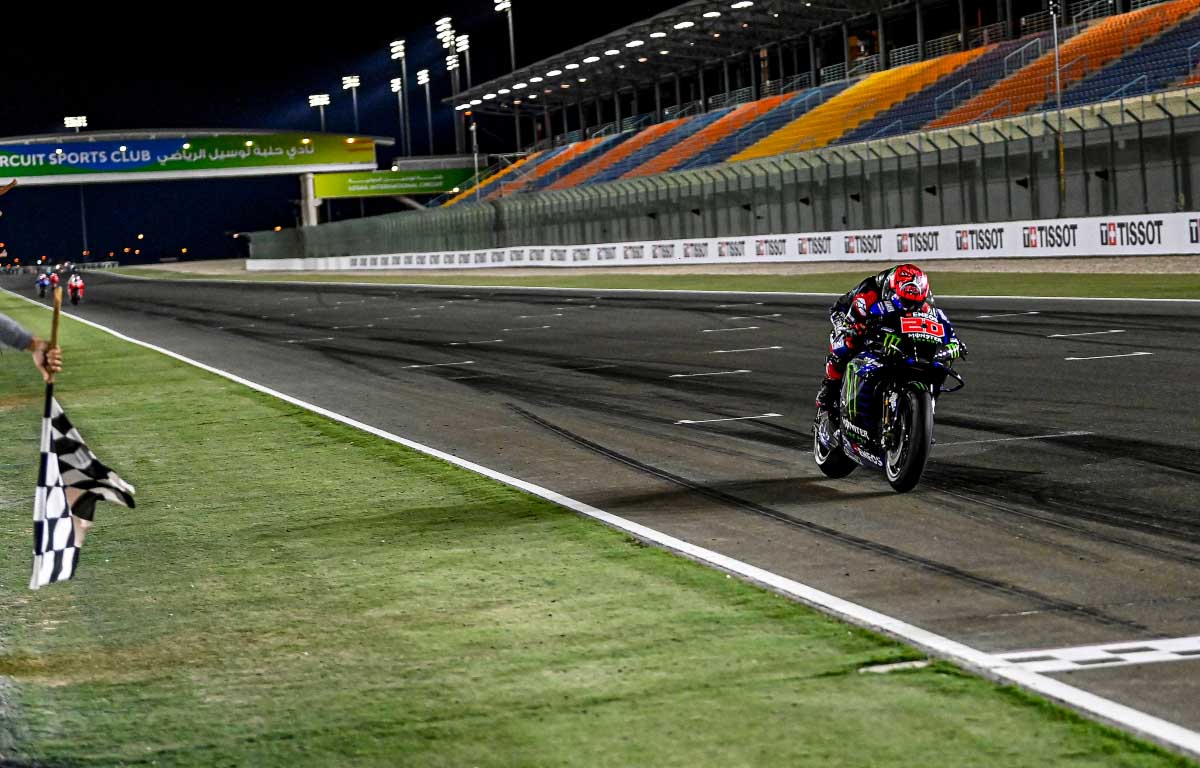 MotoGP rider on the pit straight at Losail. Qatar Grand Prix April 2021.