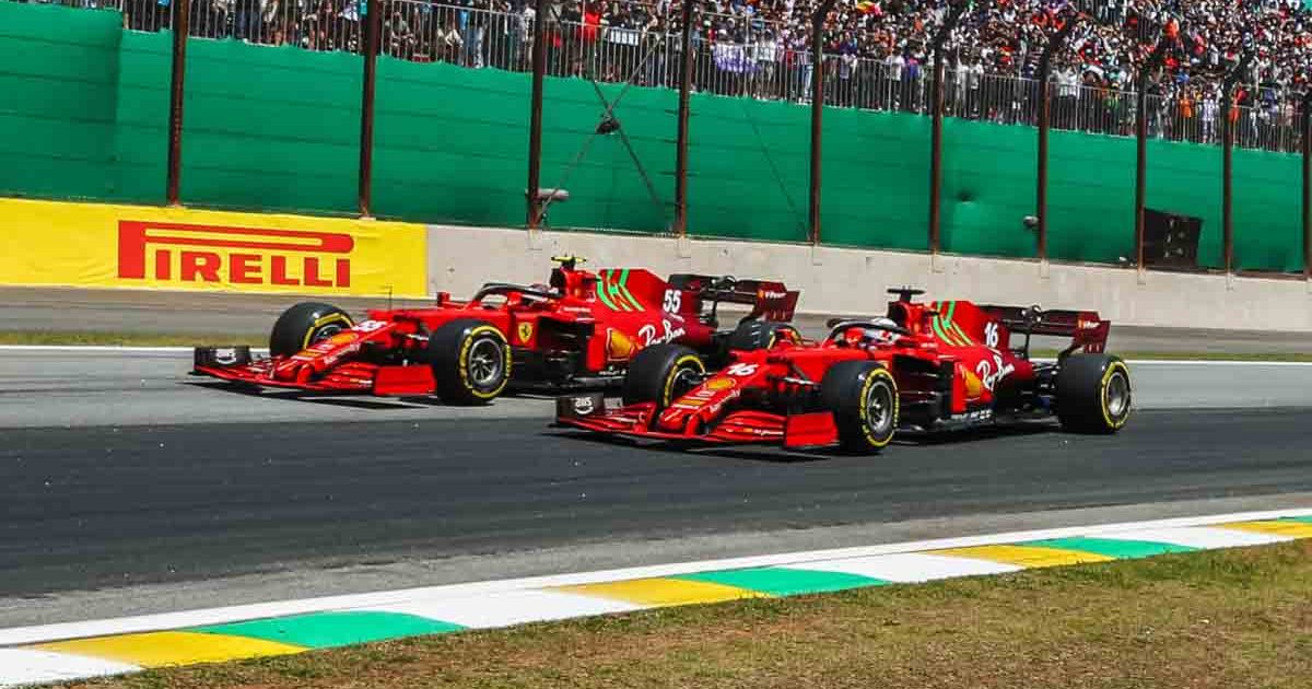 Ferrari drivers Carlos Sainz and Charles Leclerc side by side. Brazil November 2021.