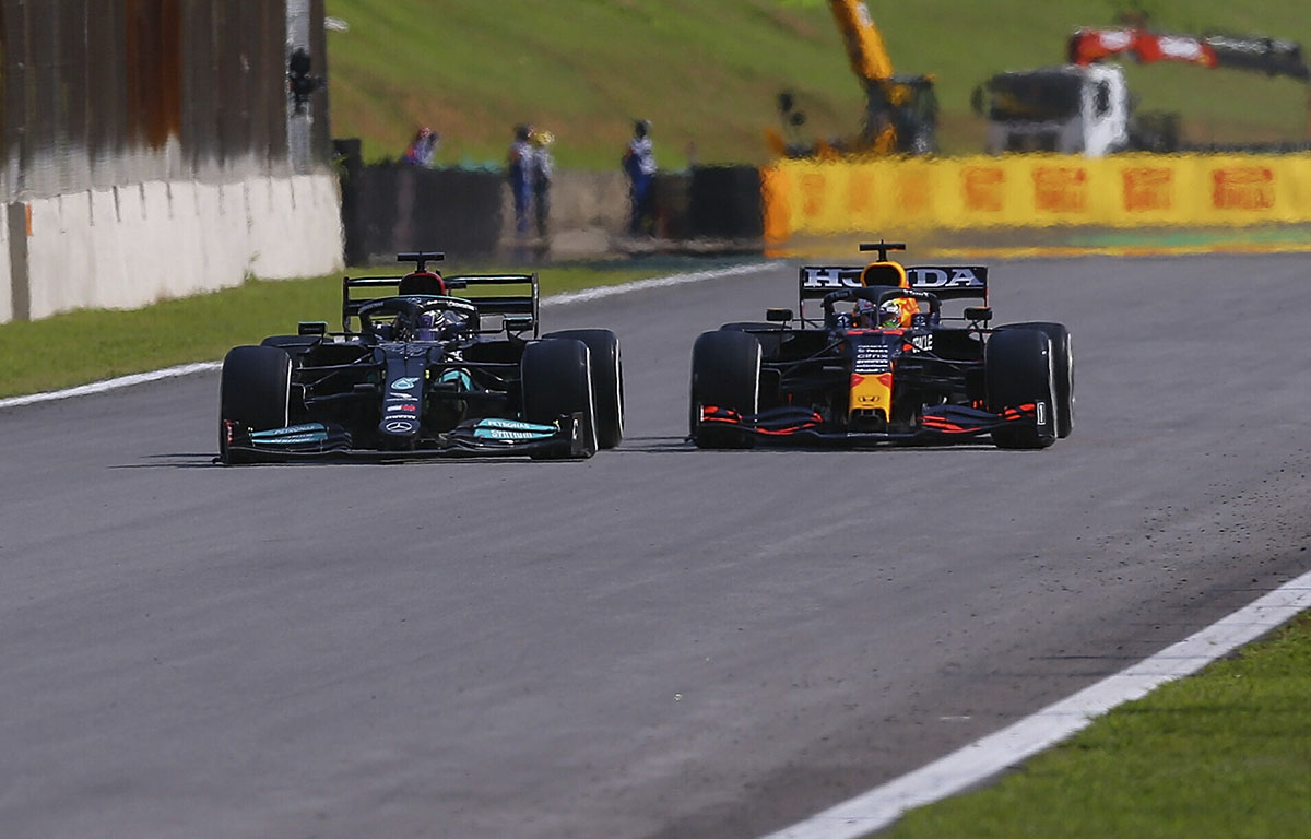 Lewis Hamilton and Max Verstappen battle in Brazil. F1 Interlagos November 2021
