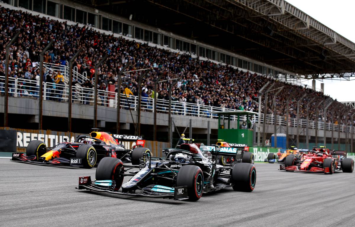 Valtteri Bottas leads at the start of Sao Paulo GP sprint qualifying. Interlagos November 2021.