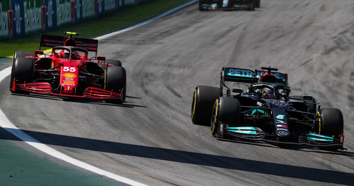 Mercedes driver Lewis Hamilton passes Carlos Sainz. Brazil November 2019.