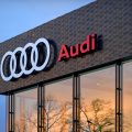 The Audi logo at their Munich centre. Germany February 2021