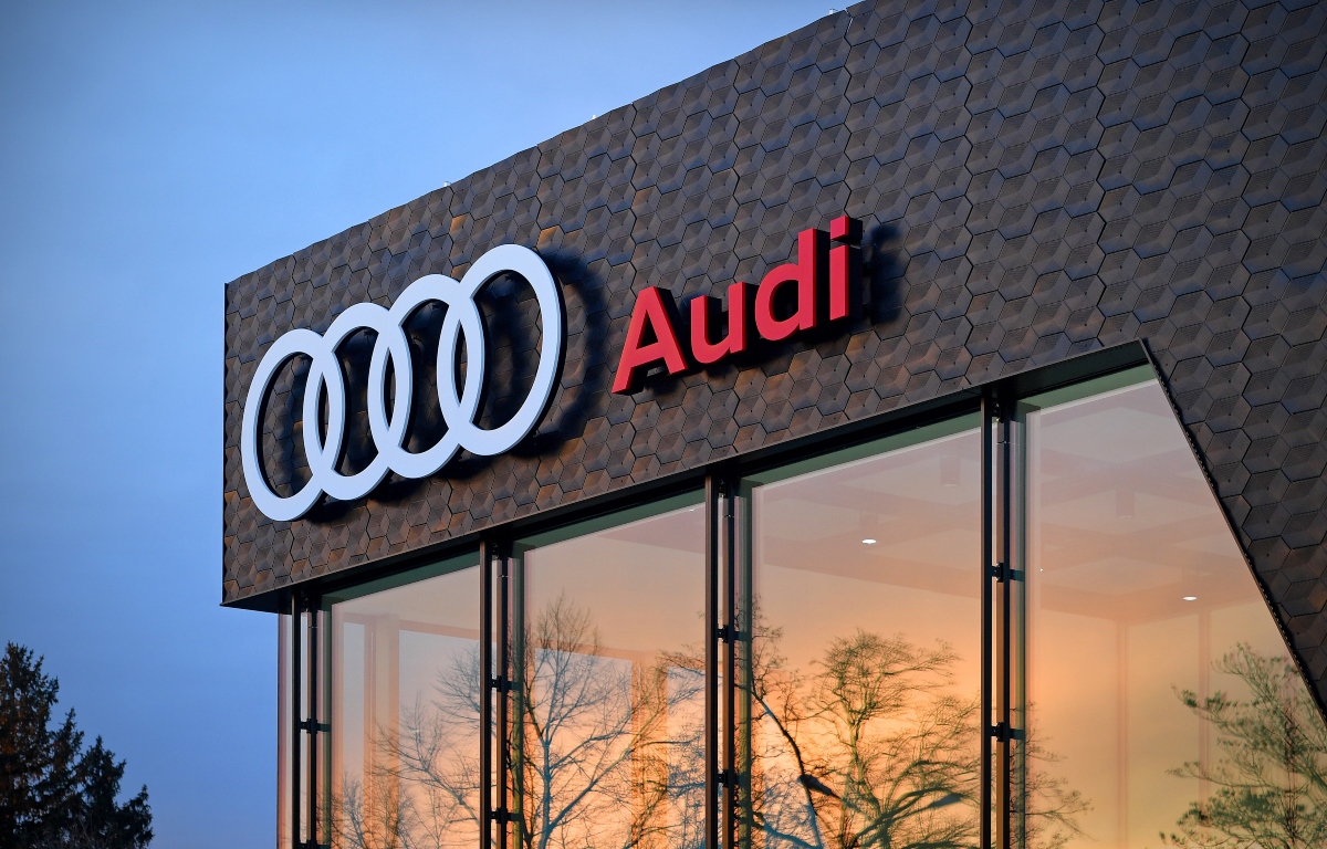 The Audi logo at their Munich centre. Germany February 2021