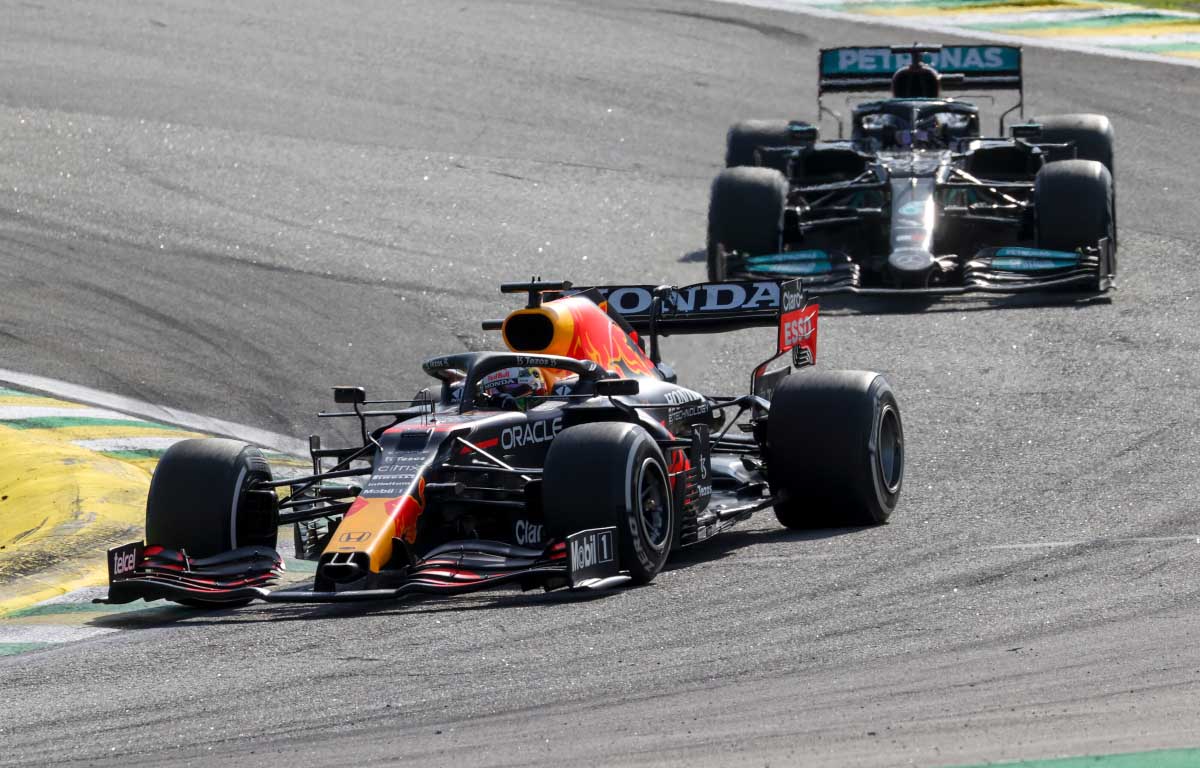 Max Verstappen leads Lewis Hamilton at Interlagos. Sao Paulo November 2021.