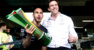 Lewis Hamilton and Toto Wolff celebrate victory. Sao Paulo November 2021.