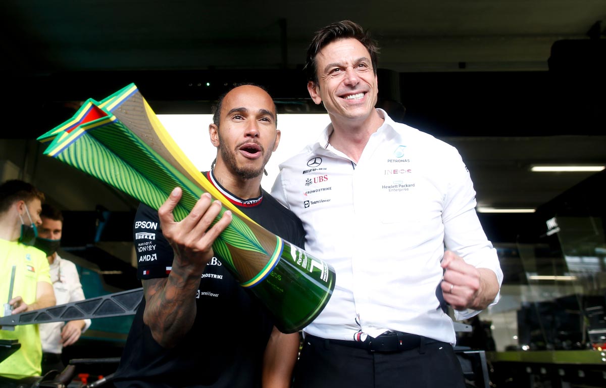 Lewis Hamilton and Toto Wolff celebrate victory. Sao Paulo November 2021.