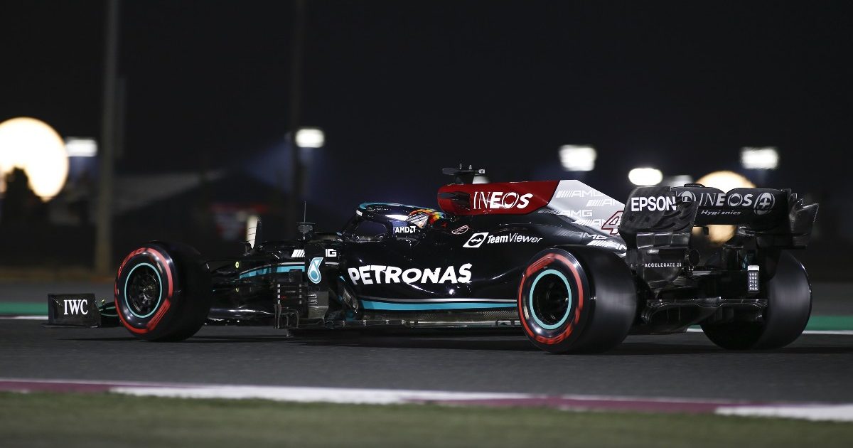 Lewis Hamilton, Mercedes, under the Qatar lights. November 2021.