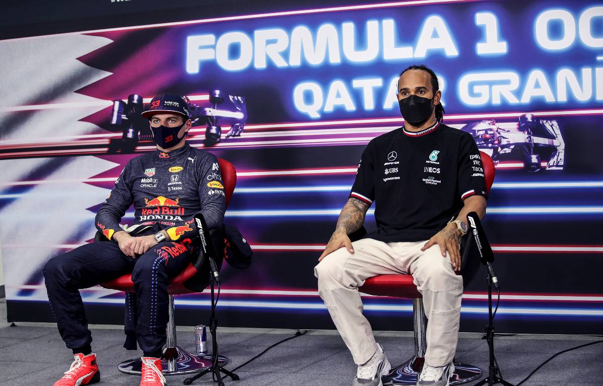 Max Verstappen and Lewis Hamilton in a press conference. Qatar, November 2021.