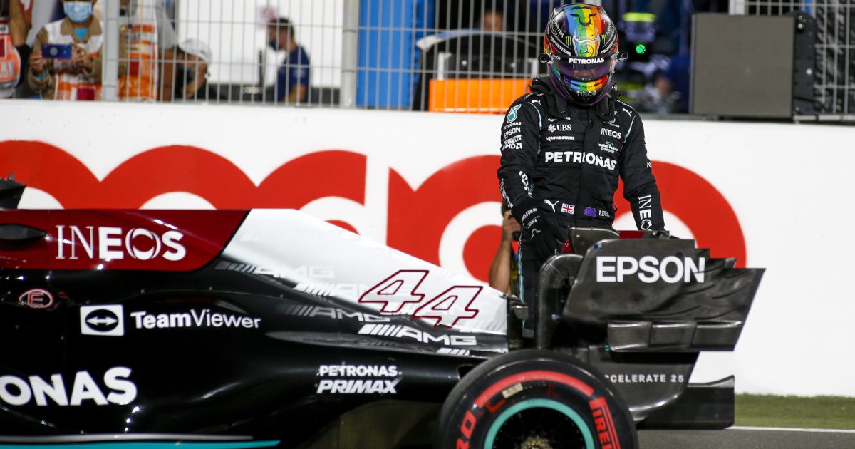 Lewis Hamilton standing behind his Mercedes rear wing. Qatar November 2021