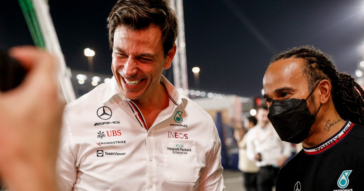 Toto Wolff laughing with Lewis Hamilton. Qatar November 2021