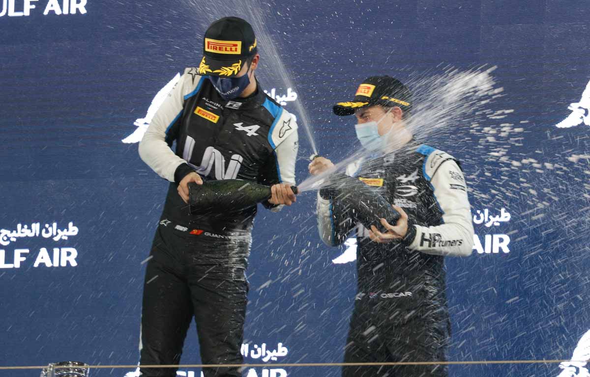 Guanyu Zhou and Oscar Piastri on the F2 podium. Bahrain March 2021.