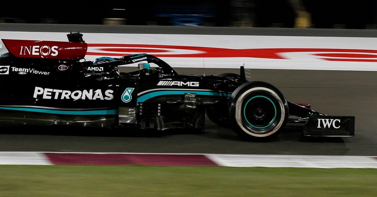 Mercedes driver Lewis Hamilton hits an apex in Qatar. November 2021.