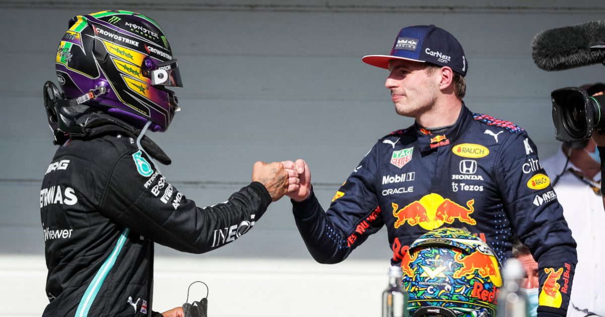 Lewis Hamilton and Max Verstappen fist bump. Brazil November 2021