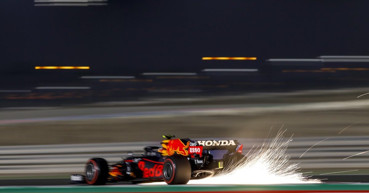 Sergio Perez's Red Bull sparking in Qatar. November 2021.