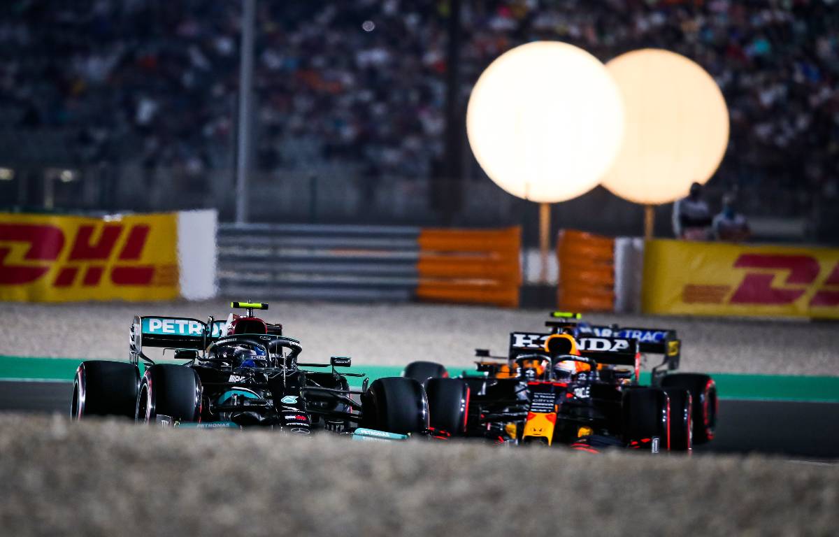Mercedes and Red Bull battle at the Qatar GP. November 2021.