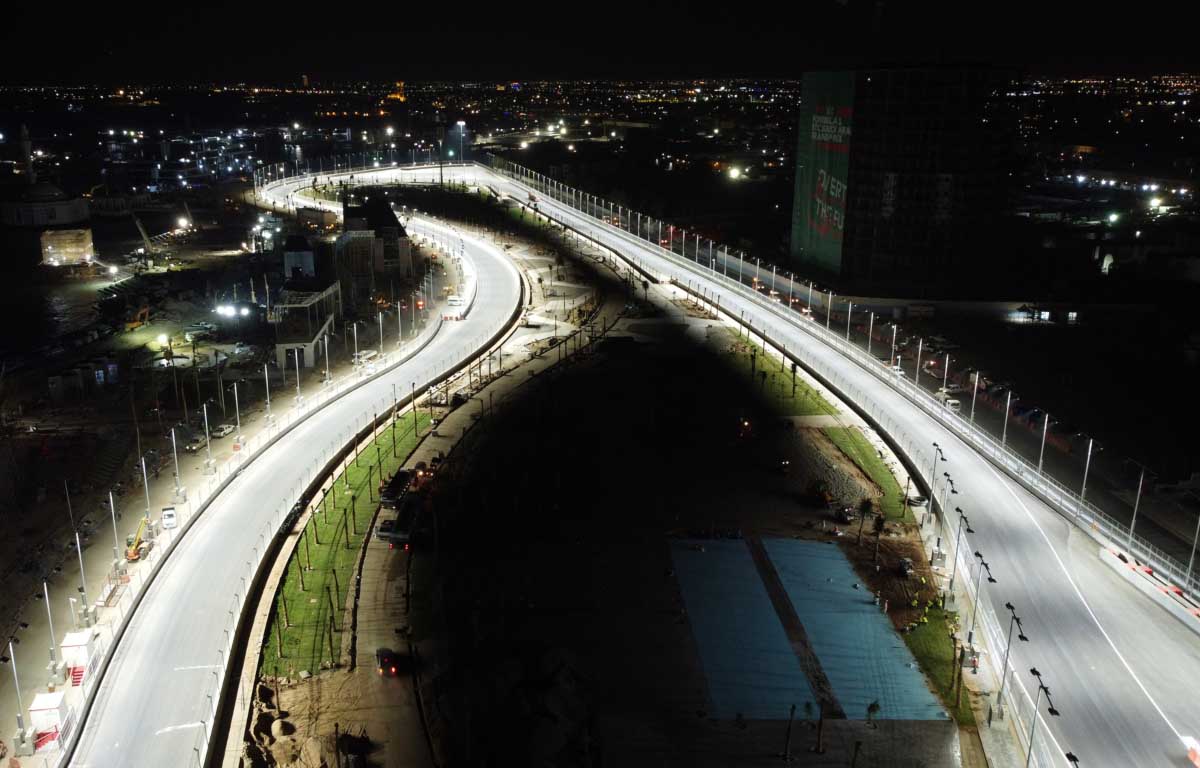 Jeddah Corniche Circuit photographed at night. Saudi Arabia November 2021.