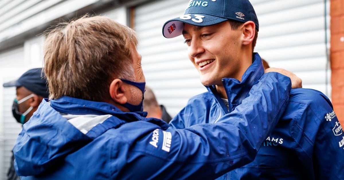 George Russell smiling at Jost Capito. Spa-Francorchamps August 2021.
