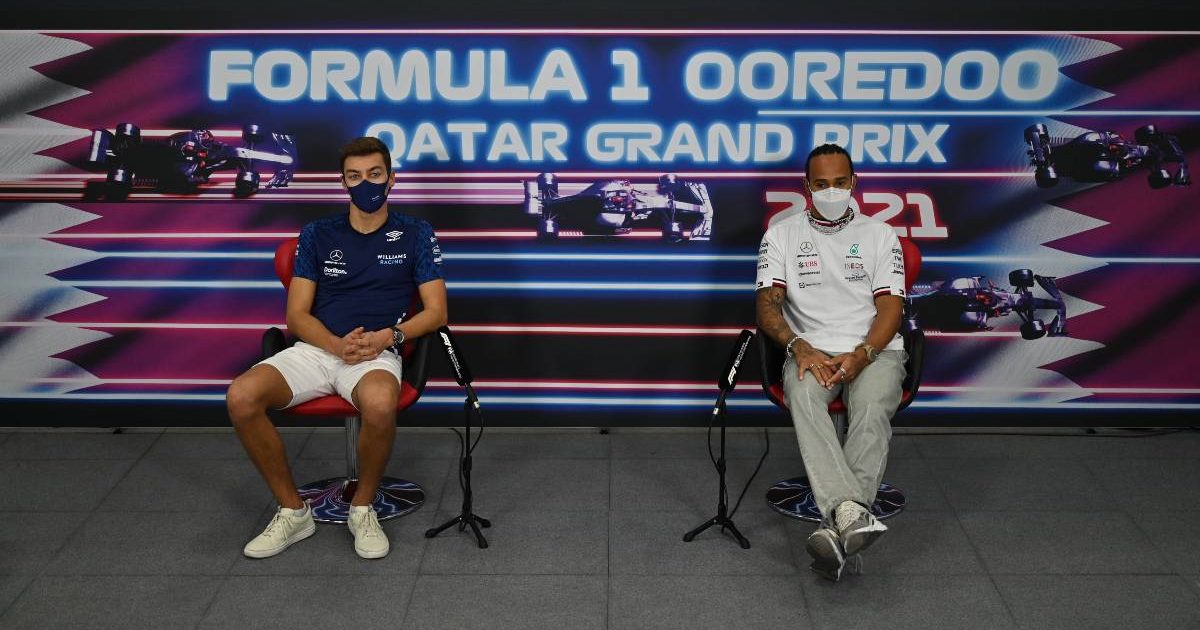 George Russell and Lewis Hamilton talk to reporters. Qatar, November 2021.
