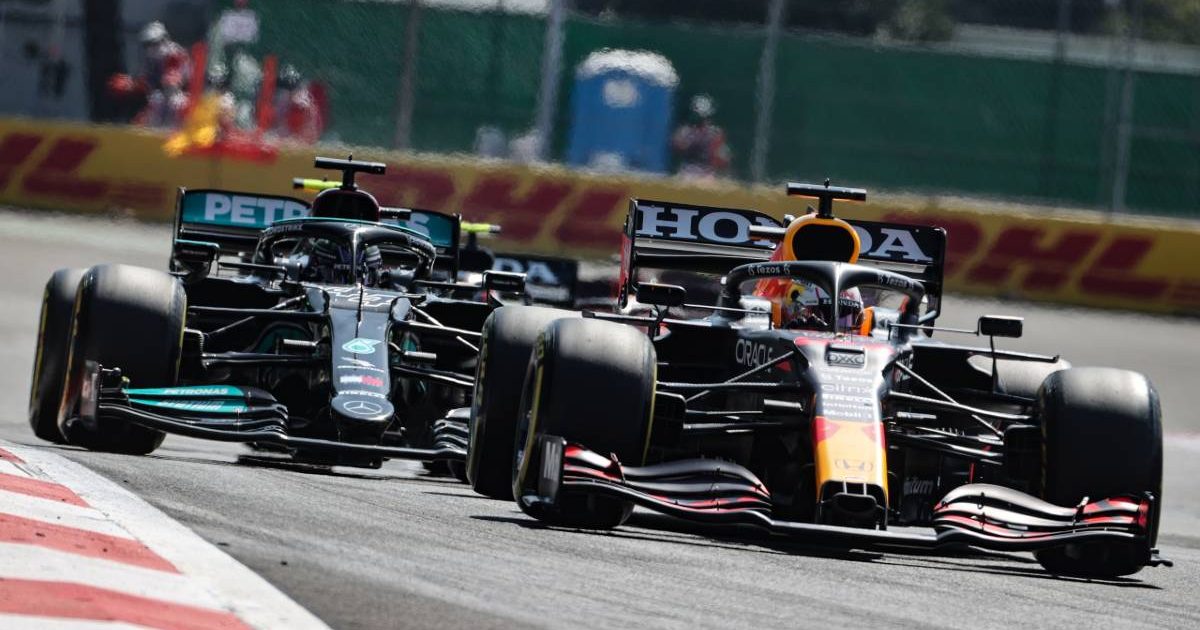 Red Bull driver Max Verstappen leads Lewis Hamilton.