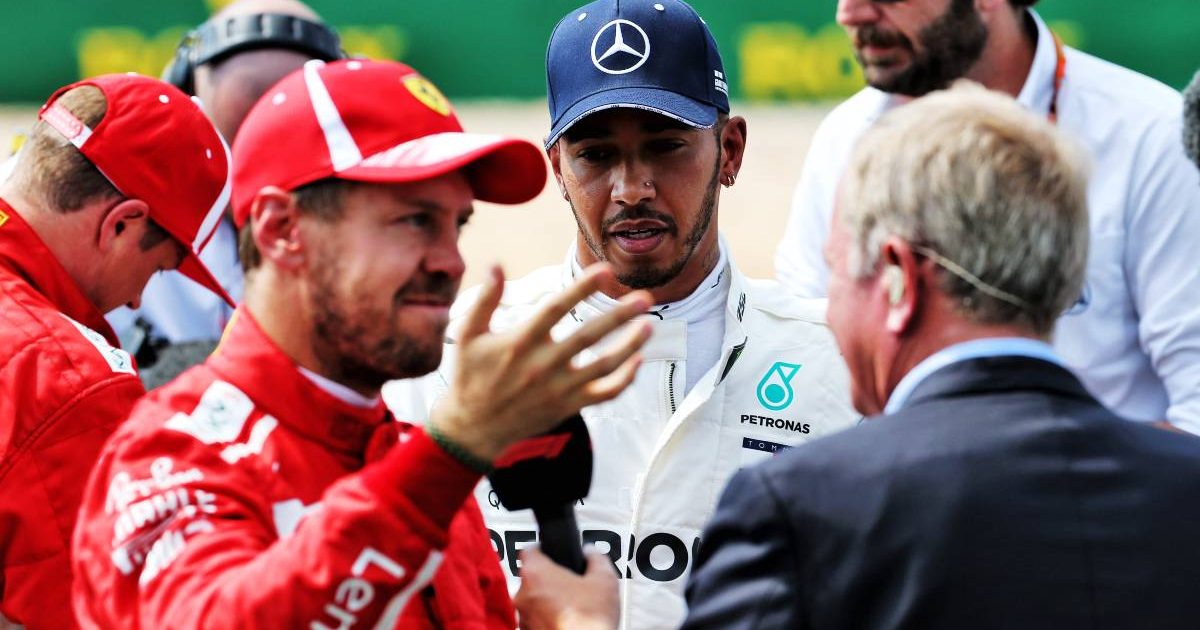 Sebastian Vettel talks to Martin Brundle at the British GP. Silverstone July 2021.